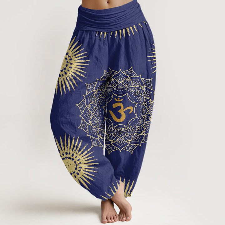 Pantalon harem femme en coton décontracté avec motif mandala Om et symbole soleil, orné de Buddha Stones - Bleu foncé - US22，UK/AU26，EU54 (6XL) - image 4