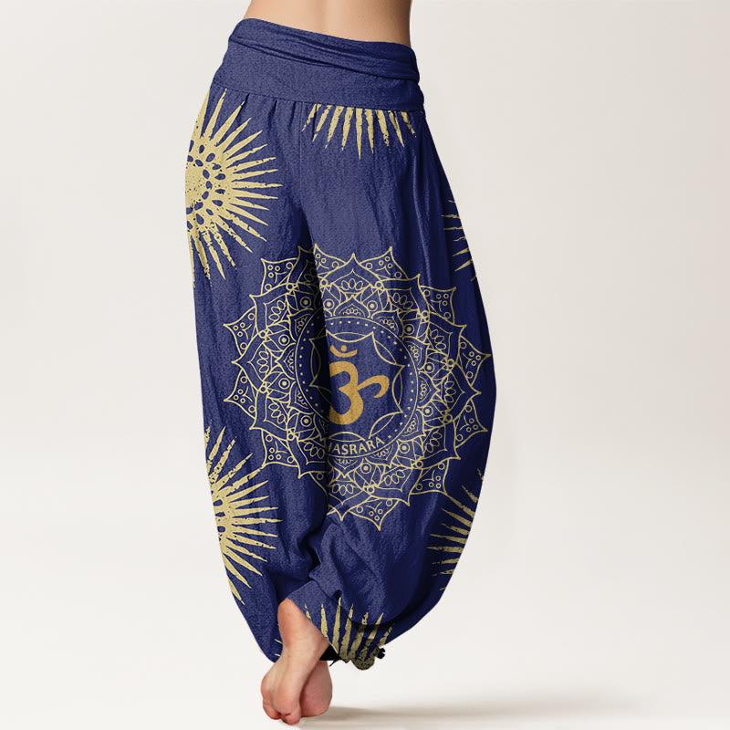 Pantalon harem femme en coton décontracté avec motif mandala Om et symbole soleil, orné de Buddha Stones - image 5