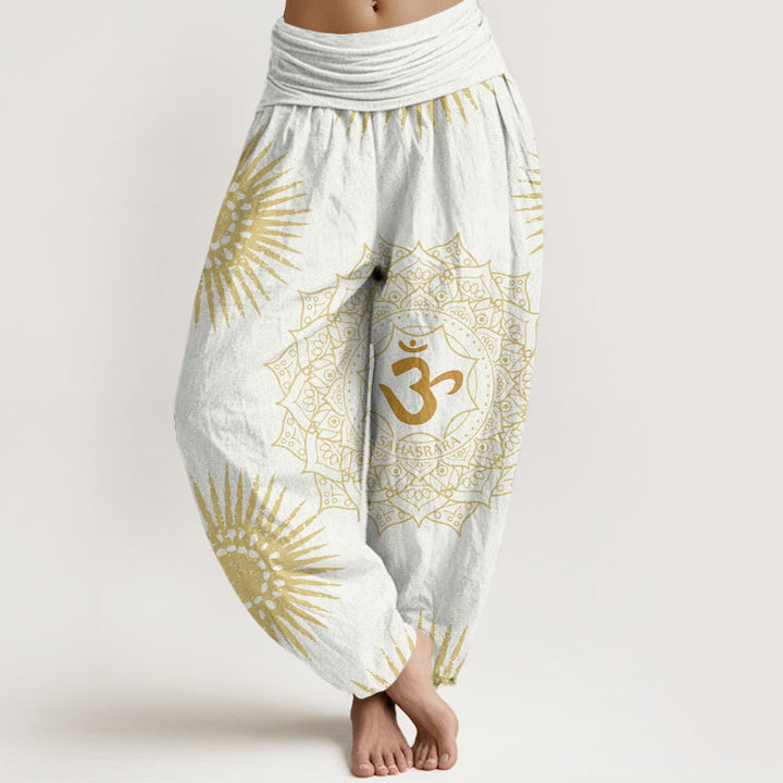 Pantalon Buddha Stones décontracté pour femme avec motif mandala Om et soleil - Blanc - US22，UK/AU26，EU54 (6XL) - image 8