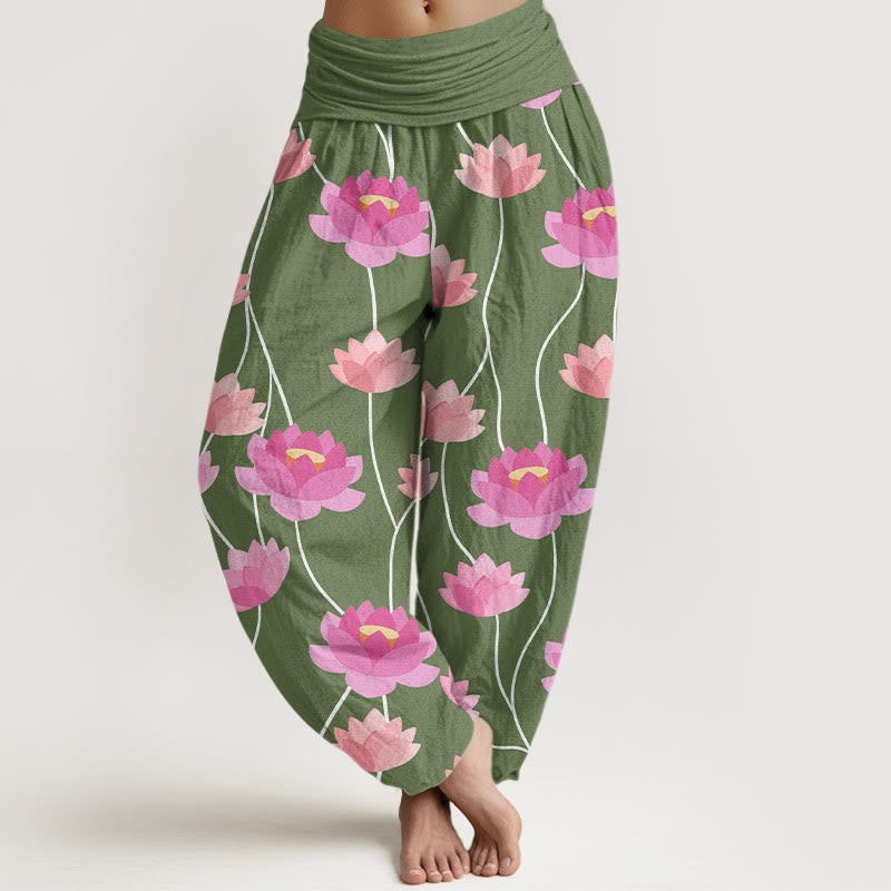 Pantalon sarouel décontracté pour femme à motif de fleurs de lotus et de Buddha Stones - Vert forêt - US22，UK/AU26，EU54 (6XL) - image 4