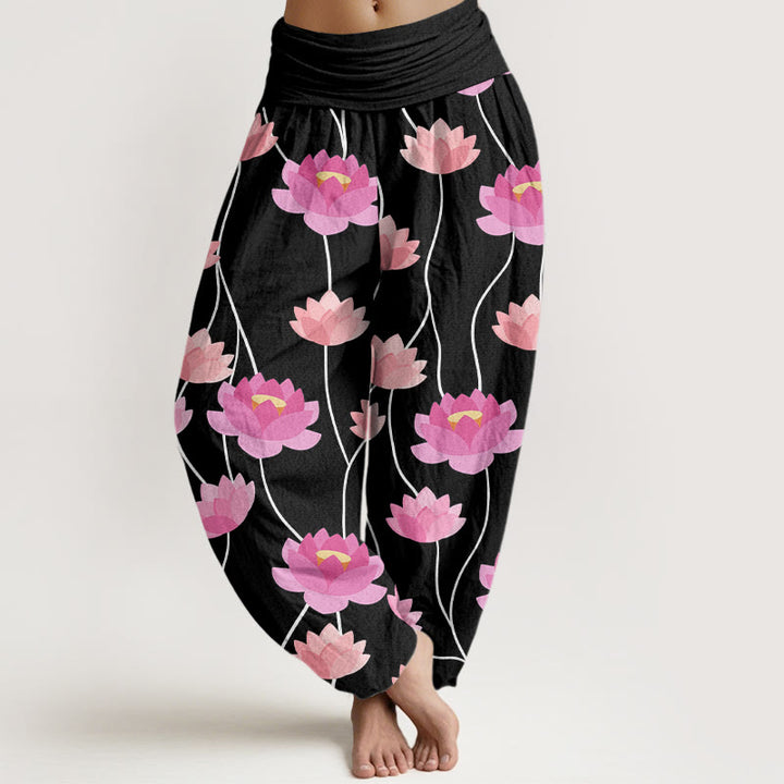 Pantalon sarouel décontracté pour femme à motif de fleurs de lotus et de Buddha Stones - Noir - US22，UK/AU26，EU54 (6XL) - image 7