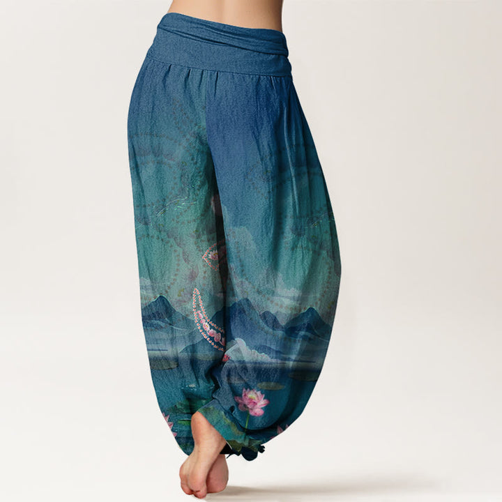 Pantalon sarouel décontracté pour femme, Buddha Stones, fleurs de lotus, symbole Om, montagnes, lac - image 2