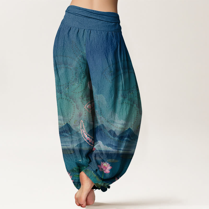 Pantalon harem pour femme en coton décontracté avec motif de Buddha Stones, fleurs de lotus, symbole Om, montagnes et lac - image 1