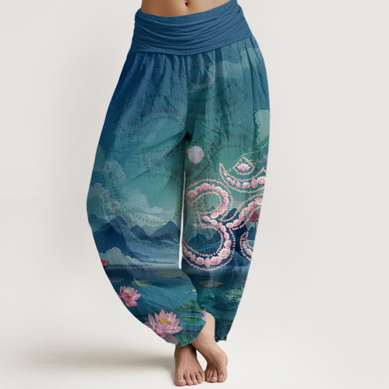 Pantalon sarouel décontracté pour femme, Buddha Stones, fleurs de lotus, symbole Om, montagnes, lac - Sarcelle - US22，UK/AU26，EU54 (6XL) - image 0