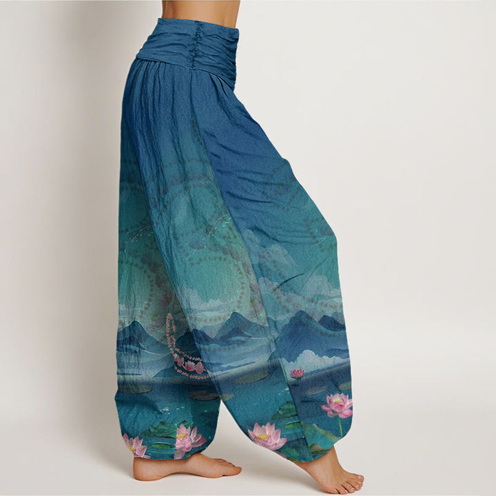 Pantalon sarouel décontracté pour femme, Buddha Stones, fleurs de lotus, symbole Om, montagnes, lac - image 2