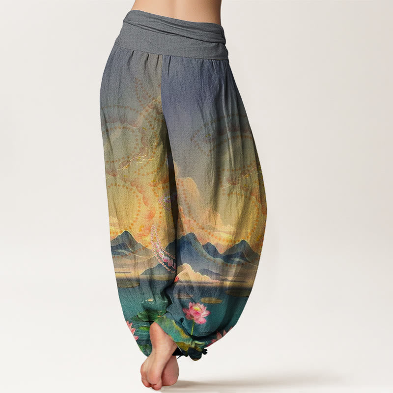 Pantalon harem pour femme en coton décontracté avec motif de Buddha Stones, fleurs de lotus, symbole Om, montagnes et lac - image 5