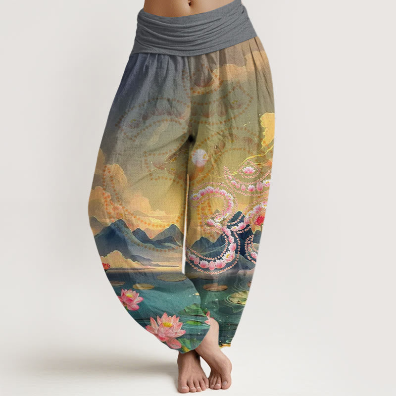 Pantalon sarouel décontracté pour femme, Buddha Stones, fleurs de lotus, symbole Om, montagnes, lac - Gris - US22，UK/AU26，EU54 (6XL) - image 4