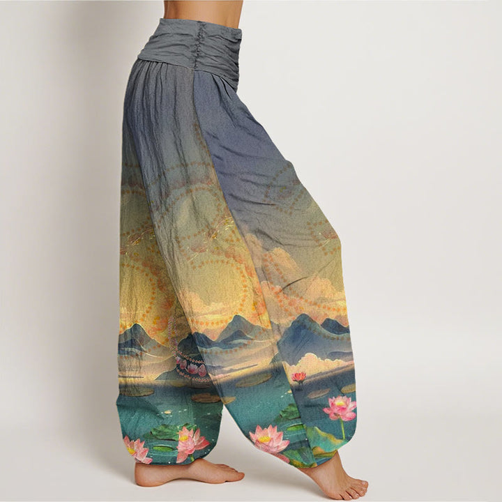 Pantalon sarouel décontracté pour femme, Buddha Stones, fleurs de lotus, symbole Om, montagnes, lac - image 7