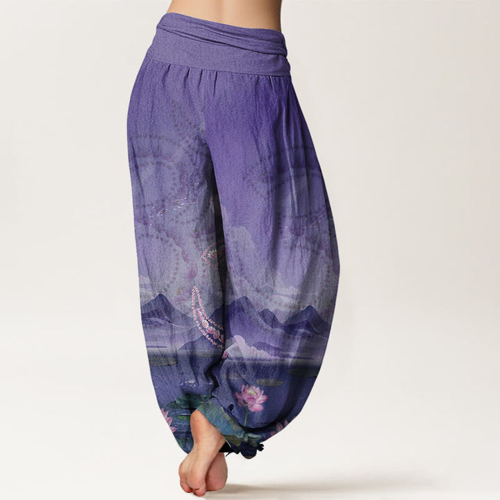 Pantalon harem pour femme en coton décontracté avec motif de Buddha Stones, fleurs de lotus, symbole Om, montagnes et lac - image 8