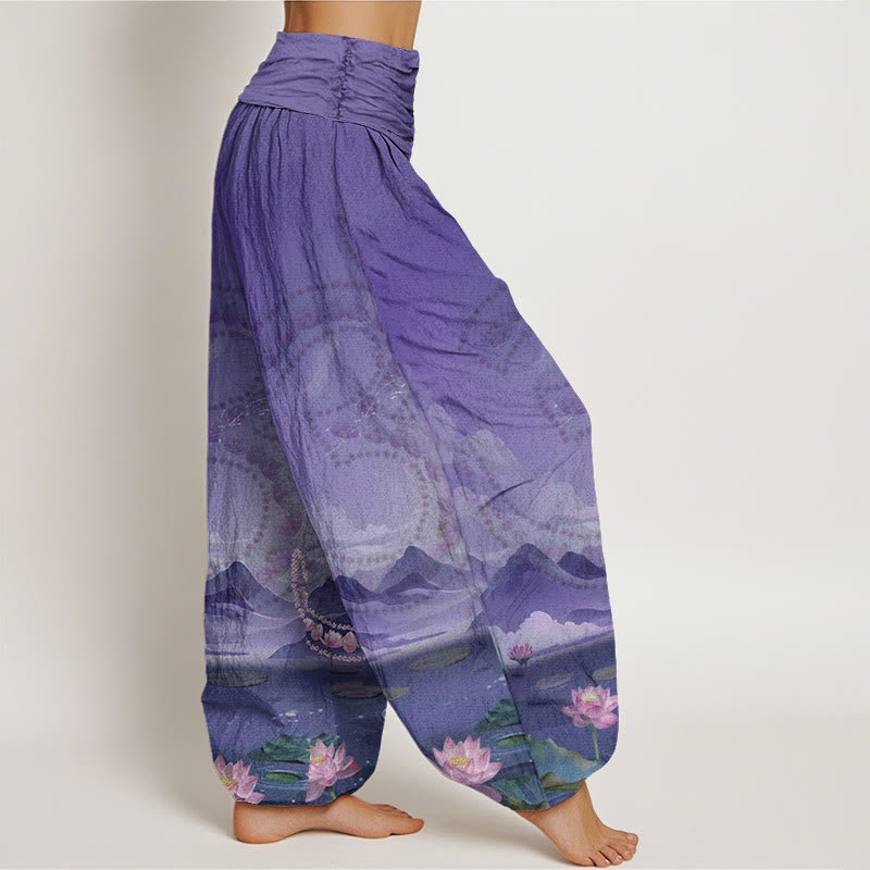 Pantalon sarouel décontracté pour femme, Buddha Stones, fleurs de lotus, symbole Om, montagnes, lac - image 9