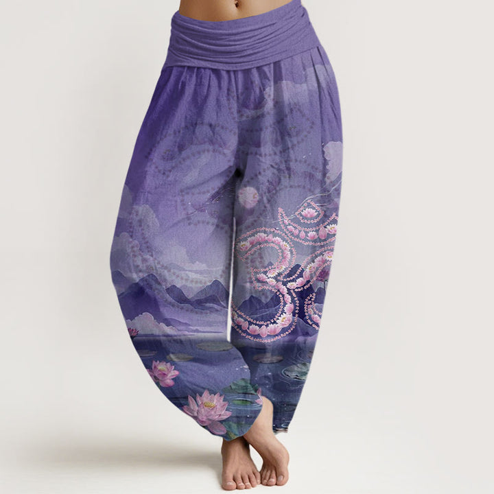 Pantalon sarouel décontracté pour femme, Buddha Stones, fleurs de lotus, symbole Om, montagnes, lac - Violet moyen - US22，UK/AU26，EU54 (6XL) - image 7