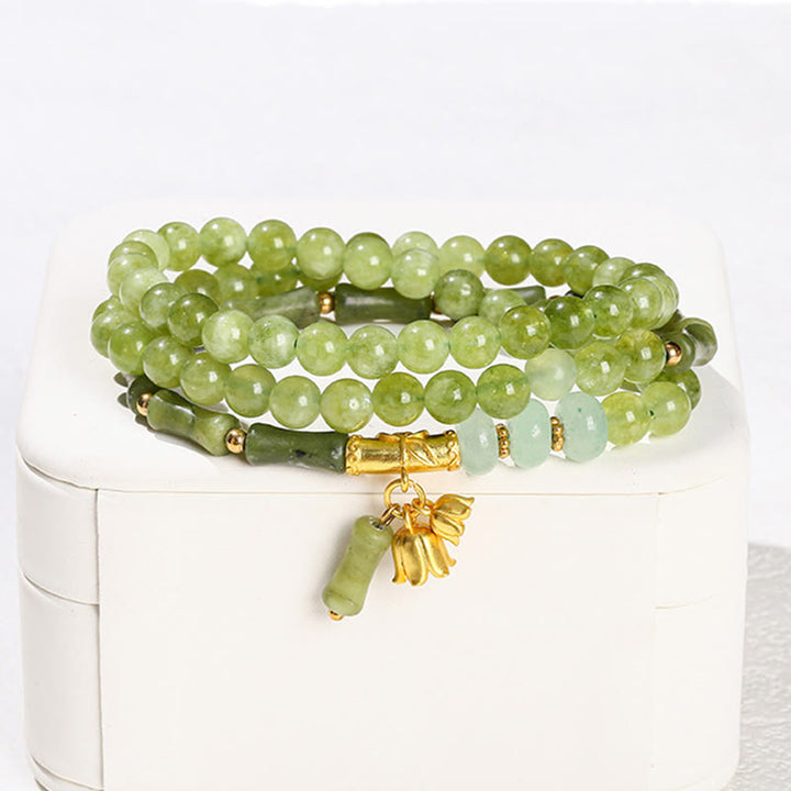 Bracelet de force multicouche rétro en bambou et calcédoine verte avec Buddha Stones - image 3