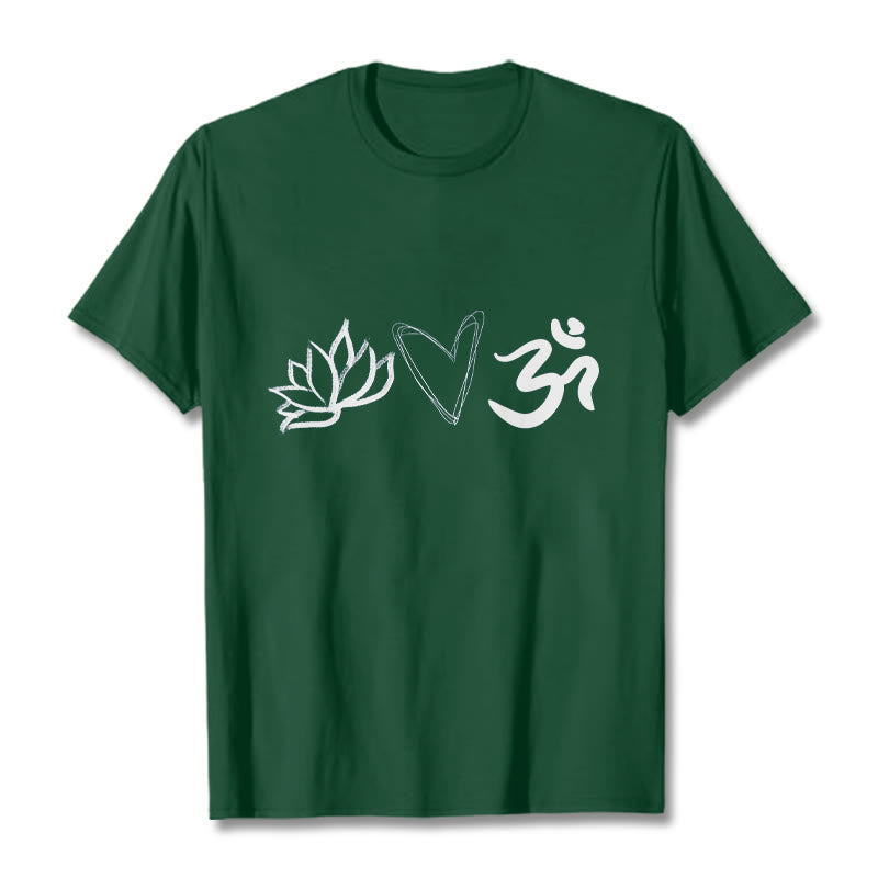 T-shirt décontracté en coton avec motif cœur et lotus, symbole Om , Buddha Stones - Forêt Verte - 2XL - image 1