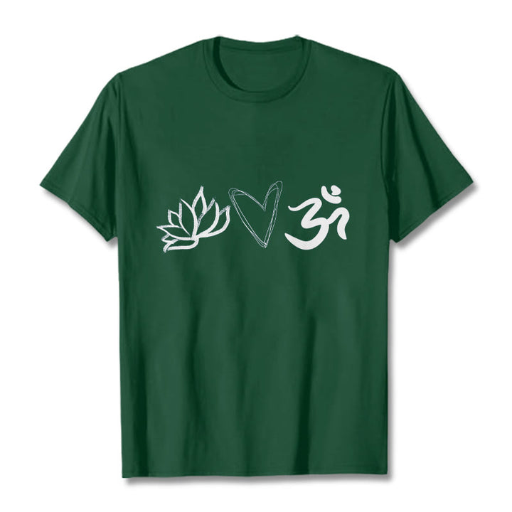 T-shirt décontracté en coton avec motif cœur et lotus, symbole Om , Buddha Stones - Forêt Verte - 2XL - image 1
