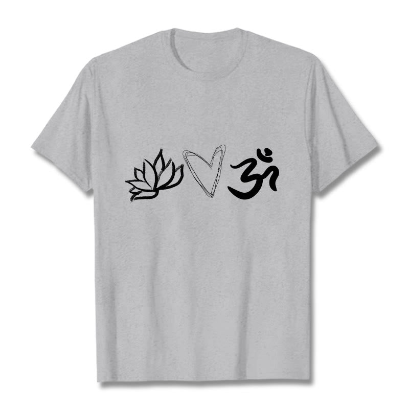 T-shirt décontracté en coton avec motif cœur et lotus, symbole Om , Buddha Stones - Gris clair - 2XL - image 20
