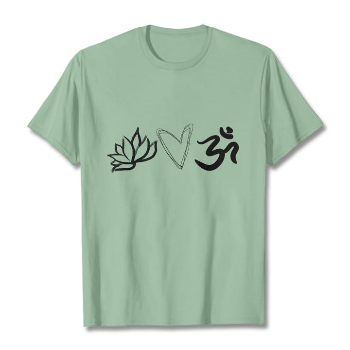 T-shirt décontracté en coton avec motif cœur et lotus, symbole Om , Buddha Stones - Vert pâle - 2XL - image 15