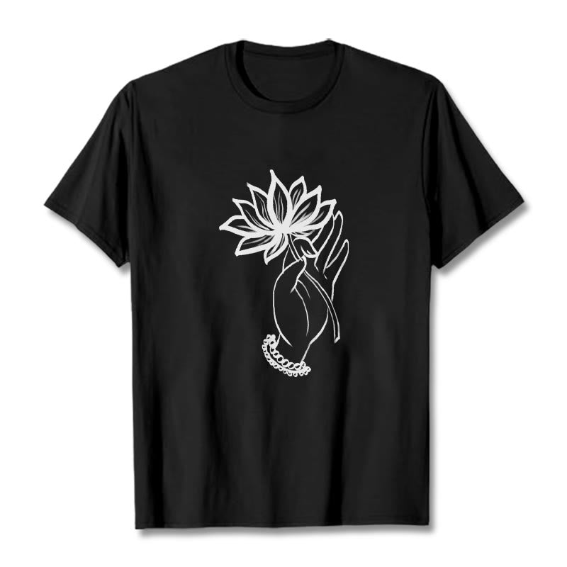 T-shirt décontracté en coton avec motif de fleurs de lotus et de Buddha Stones - Noir - 2XL - image 1