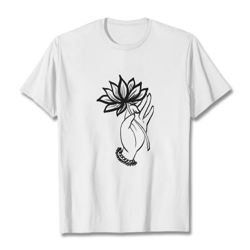 T-shirt décontracté en coton avec motif de fleurs de lotus et de Buddha Stones - Blanc - 2XL - image 6