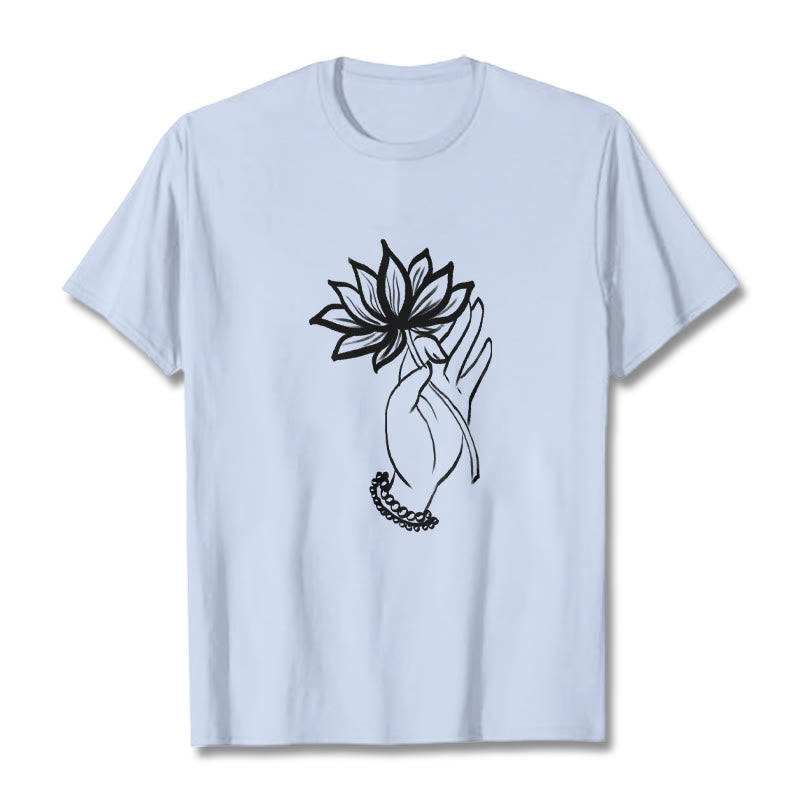 T-shirt décontracté en coton avec motif de fleurs de lotus et de Buddha Stones - Cyan clair - 2XL - image 19