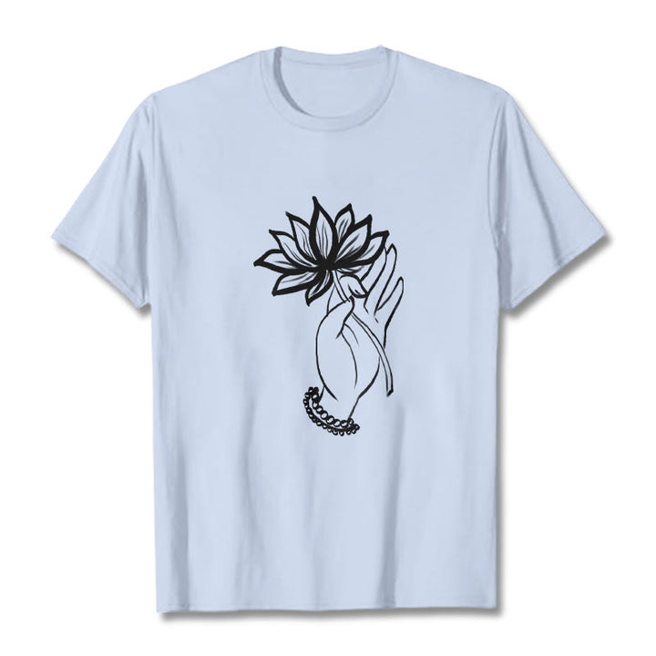 T-shirt décontracté en coton avec motif de fleurs de lotus et de Buddha Stones - Cyan clair - 2XL - image 19
