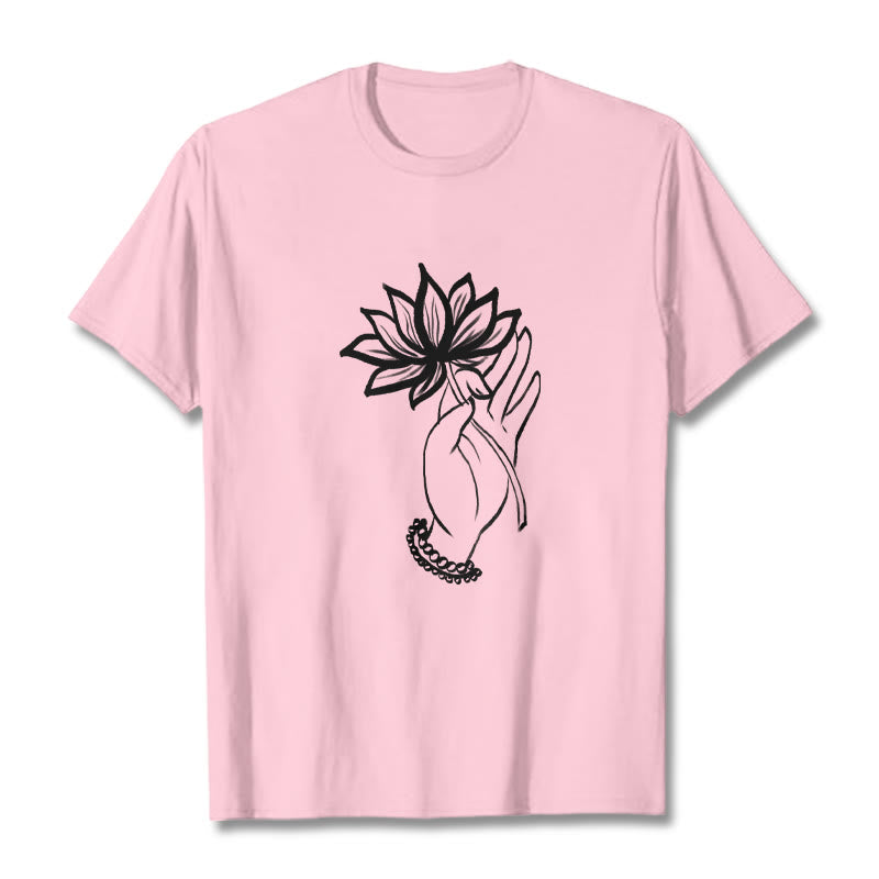 T-shirt décontracté en coton avec motif de fleurs de lotus et de Buddha Stones - Rose clair - 2XL - image 13