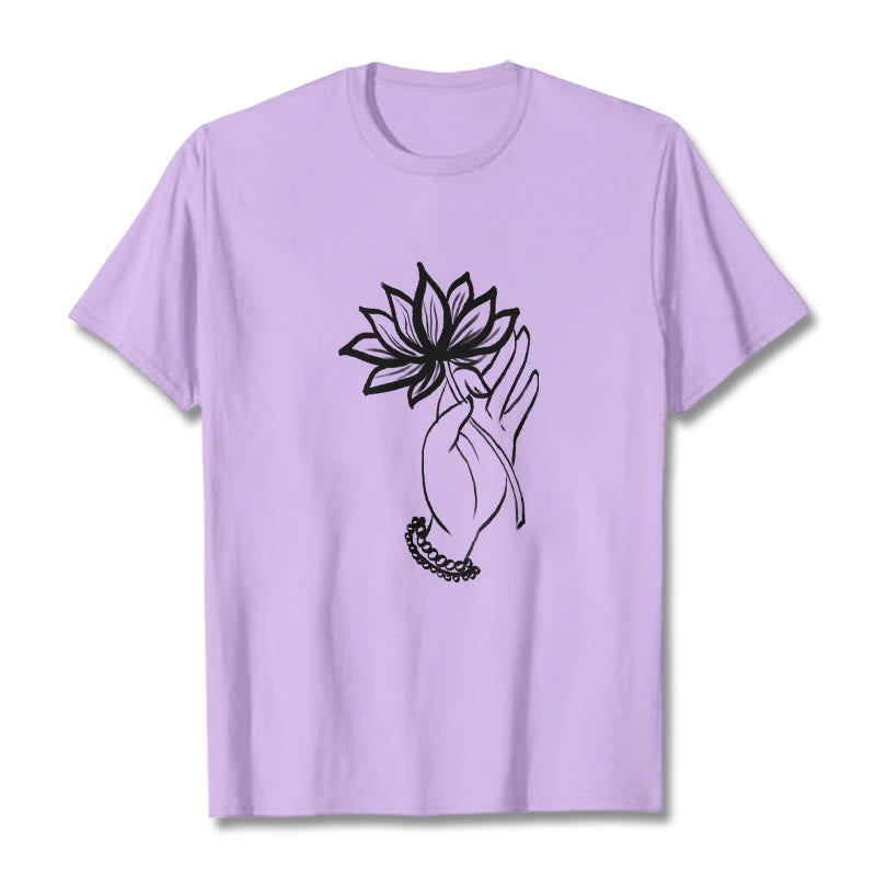 T-shirt décontracté en coton avec motif de fleurs de lotus et de Buddha Stones - Prune - 2XL - image 17