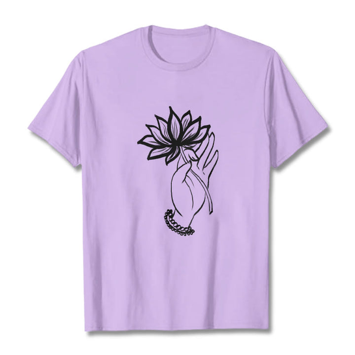 T-shirt décontracté en coton avec motif de fleurs de lotus et de Buddha Stones - Prune - 2XL - image 17