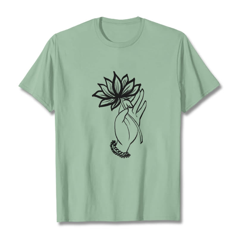 T-shirt décontracté en coton avec motif de fleurs de lotus et de Buddha Stones - Vert pâle - 2XL - image 15