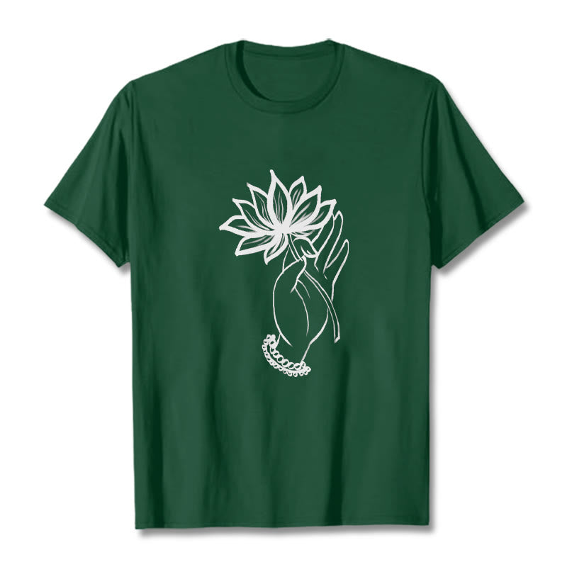 T-shirt décontracté en coton avec motif de fleurs de lotus et de Buddha Stones - Forêt Verte - 2XL - image 11
