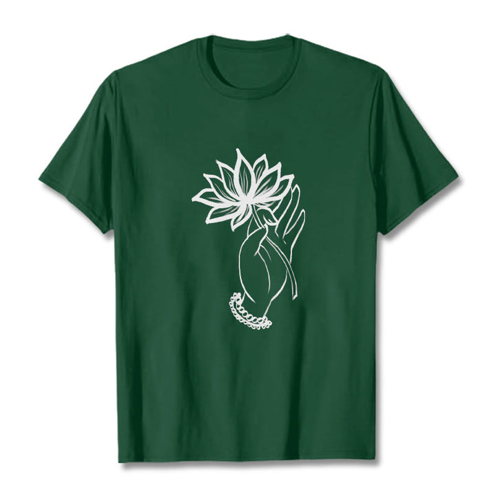 T-shirt décontracté en coton avec motif de fleurs de lotus et de Buddha Stones - Forêt Verte - 2XL - image 11