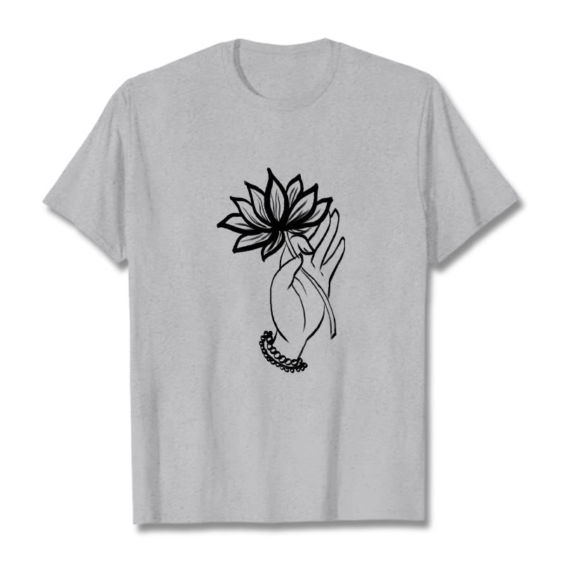 T-shirt décontracté en coton avec motif de fleurs de lotus et de Buddha Stones - Gris clair - 2XL - image 20