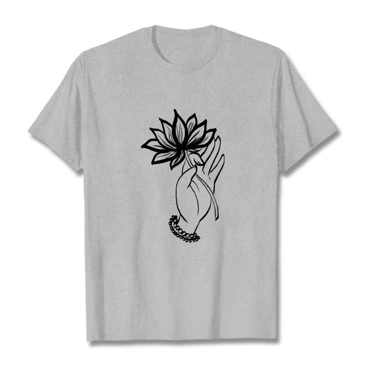 T-shirt décontracté en coton avec motif de fleurs de lotus et de Buddha Stones - Gris clair - 2XL - image 20
