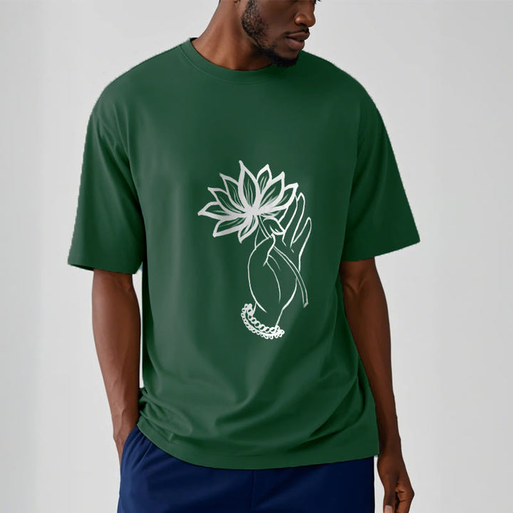 T-shirt décontracté en coton avec motif de fleurs de lotus et de Buddha Stones - image 12
