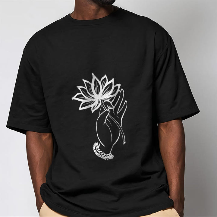 T-shirt décontracté en coton avec motif de fleurs de lotus et de Buddha Stones - image 2