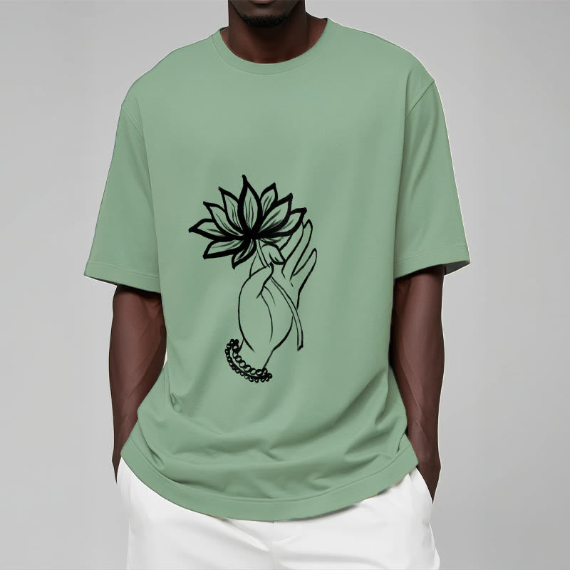 T-shirt décontracté en coton avec motif de fleurs de lotus et de Buddha Stones - image 16