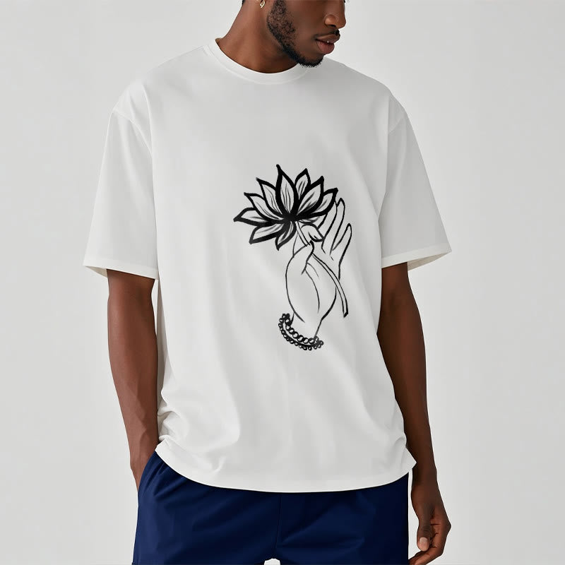 T-shirt décontracté en coton avec motif de fleurs de lotus et de Buddha Stones - image 7