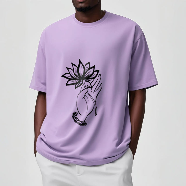 T-shirt décontracté en coton avec motif de fleurs de lotus et de Buddha Stones - image 18