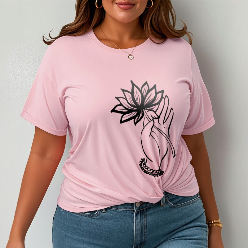 T-shirt décontracté en coton avec motif de fleurs de lotus et de Buddha Stones - image 14