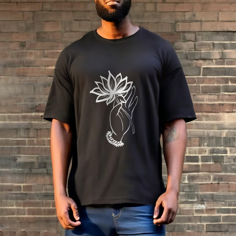 T-shirt décontracté en coton avec motif de fleurs de lotus et de Buddha Stones - image 3
