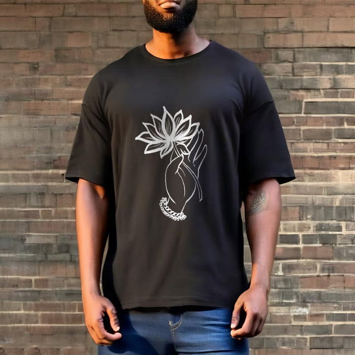 T-shirt décontracté en coton avec motif de fleurs de lotus et de Buddha Stones - image 3