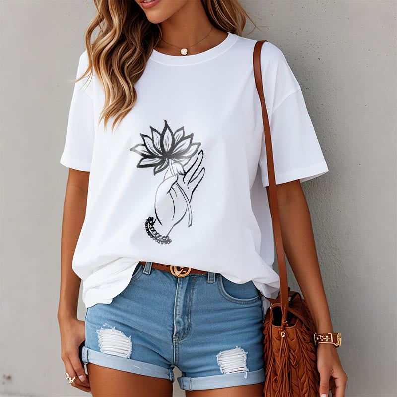 T-shirt décontracté en coton avec motif de fleurs de lotus et de Buddha Stones - image 8