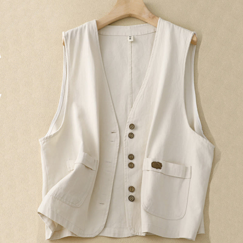 Gilet en coton sans manches pour femme, couleur Buddha Stones , boutons sur le devant, avec poches - Beige - US8-10，UK/AU12-14，EU40-42 (2XL) - image 14
