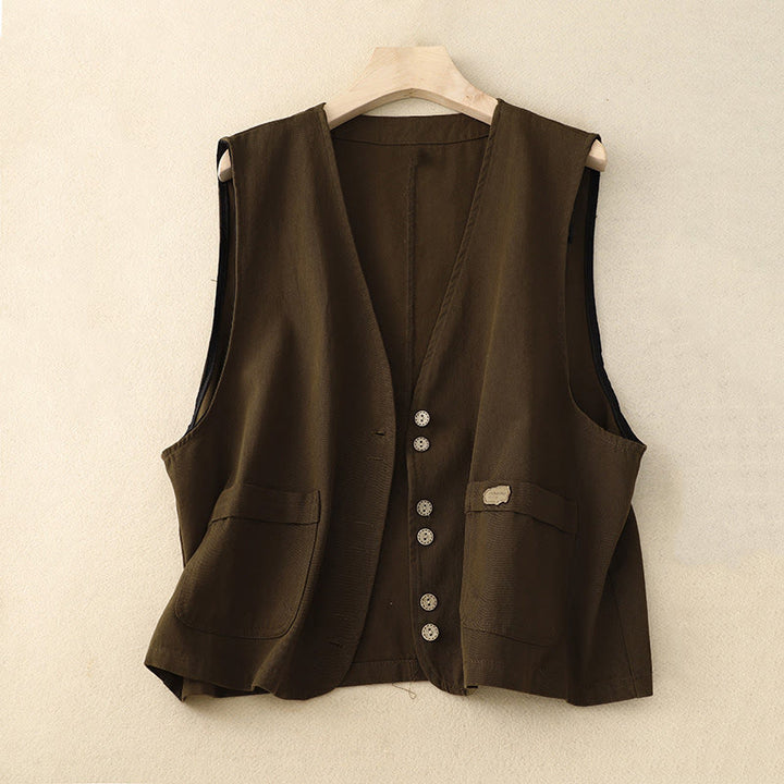 Gilet en coton sans manches pour femme, couleur Buddha Stones , boutons sur le devant, avec poches - SaddleBrown - US8-10，UK/AU12-14，EU40-42 (2XL) - image 9