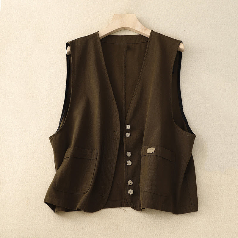 Gilet en coton sans manches pour femme, couleur Buddha Stones , boutons sur le devant, avec poches - SaddleBrown - US8-10，UK/AU12-14，EU40-42 (2XL) - image 8