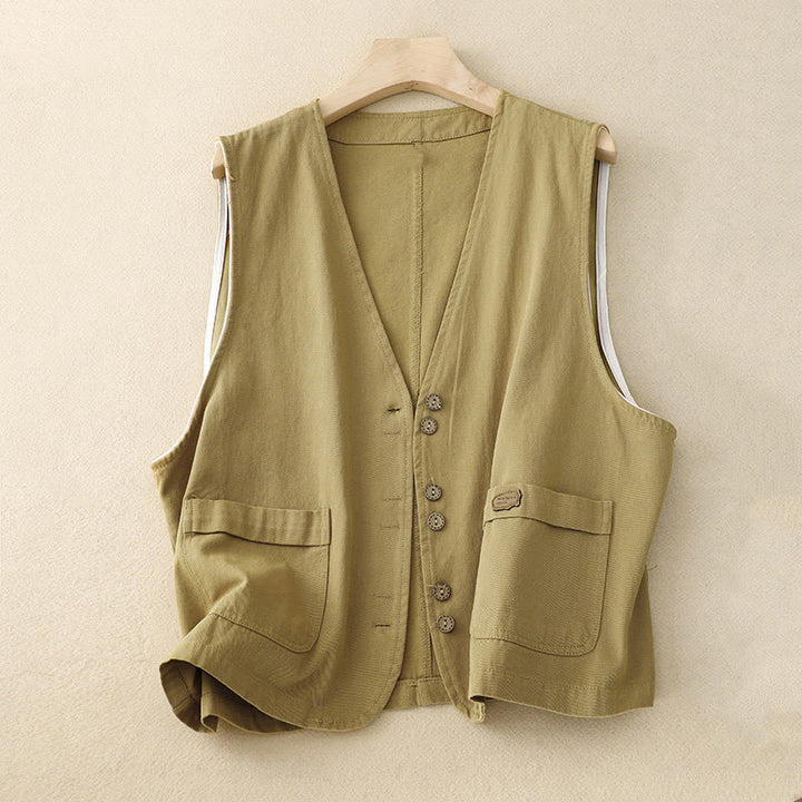 Gilet en coton sans manches pour femme, couleur Buddha Stones , boutons sur le devant, avec poches - Kaki - US8-10，UK/AU12-14，EU40-42 (2XL) - image 0