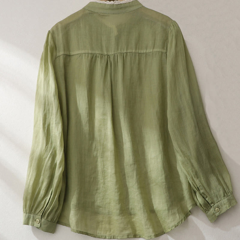 Chemise en coton et lin pour femme, manches longues lanternes, motif dentelle de couleur pure, motif Buddha Stones - image 1