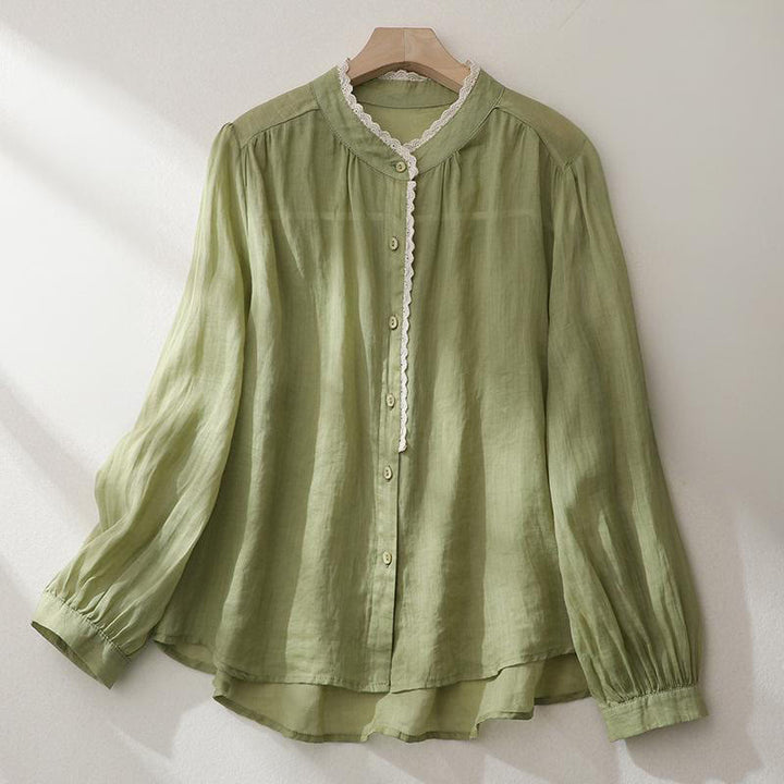 Chemise en coton et lin pour femme, manches longues lanternes, motif dentelle de couleur pure, motif Buddha Stones - JauneVert - US14，UK/AU18，EU46 (2XL) - image 0