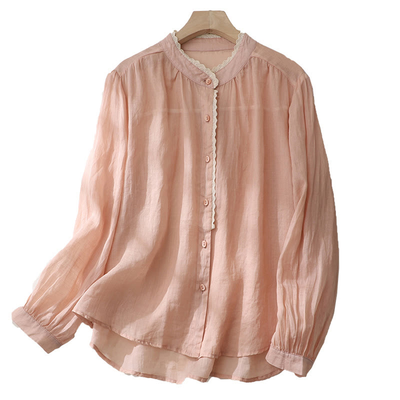 Chemise en coton et lin pour femme, manches longues lanternes, motif dentelle de couleur pure, motif Buddha Stones - Saumon clair - US14，UK/AU18，EU46 (2XL) - image 10