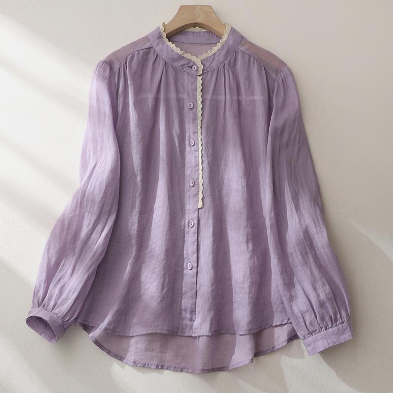 Chemise en coton et lin pour femme, manches longues lanternes, motif dentelle de couleur pure, motif Buddha Stones - Prune - US14，UK/AU18，EU46 (2XL) - image 9