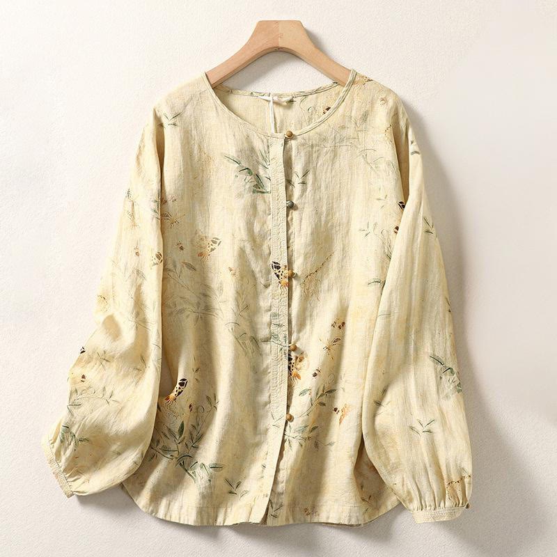 Chemise en coton et lin pour femme, manches longues lanternes, motif grenouille chinoise, motif Buddha Stones Commute - Chiffon au citron - US12，UK/AU16，EU44 (2XL) - image 1
